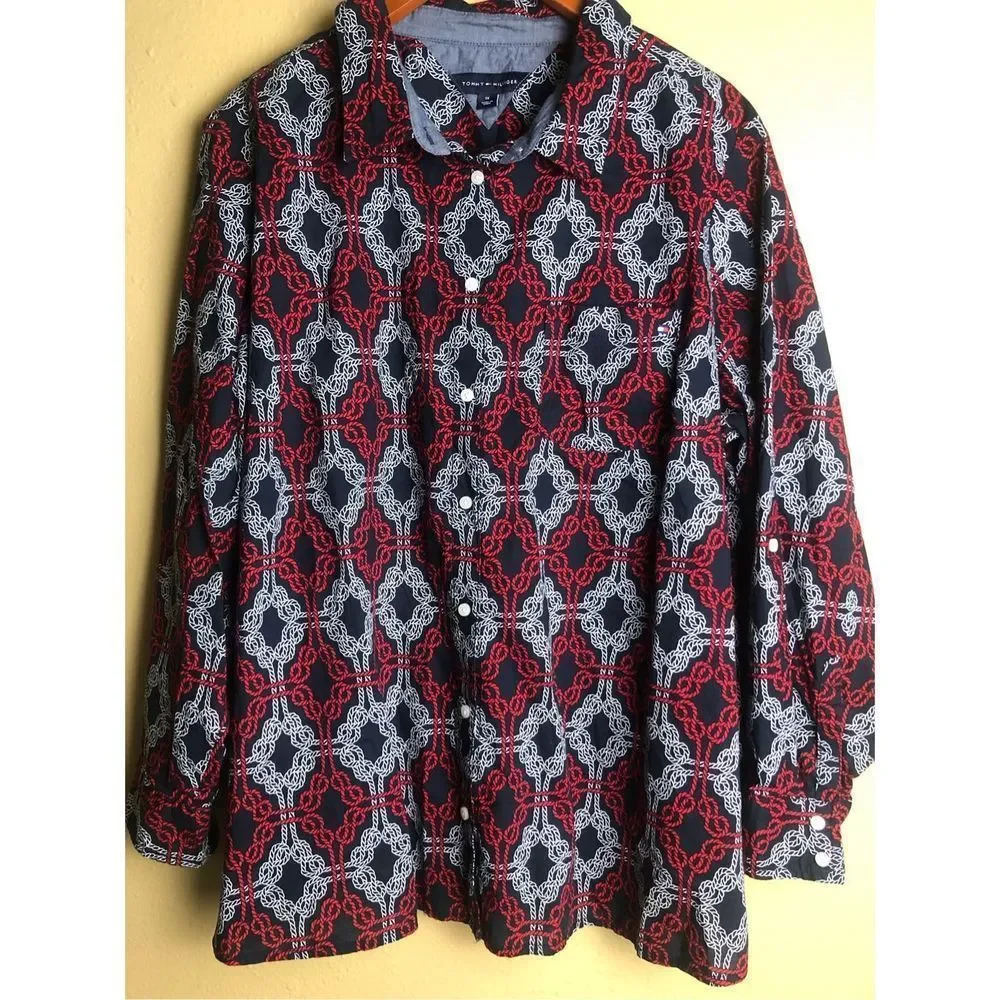 TOMMY HILFIGER Navy w/ Red & White Knotted Rope Print Tabbed Sleeve Shirt Sz 1X - Picture 2 of 13